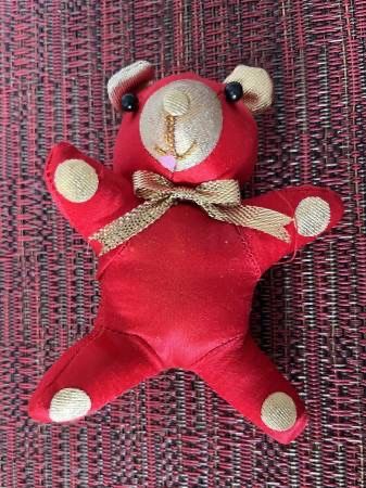 Mini Red Silk Teddy Bear w/ Gold Paws, Nose, Ears, Ribbon & Glass Eyes