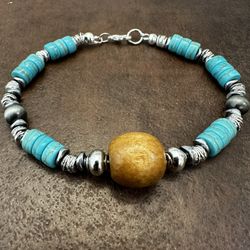 Blue and Silver Bracelet with Rustic Beads