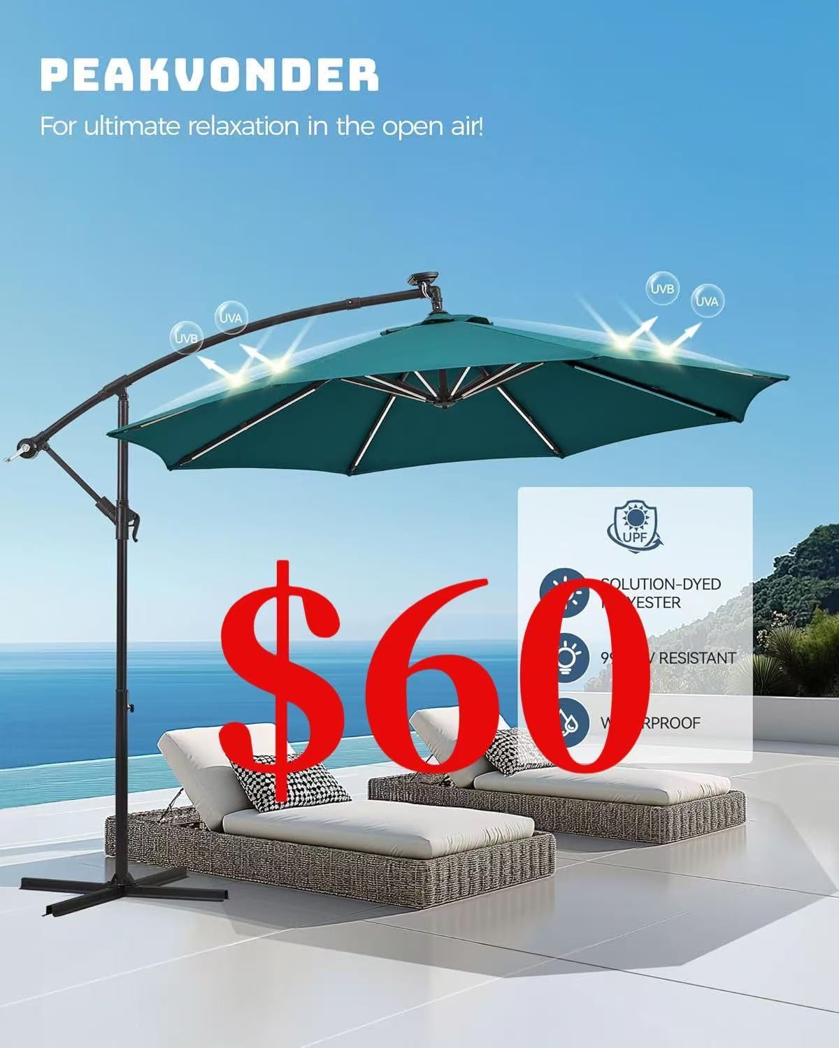 10ft Offset Patio Umbrella Large Cantilever Umbrella Outdoor Patio with Solar Lights Dual Charging