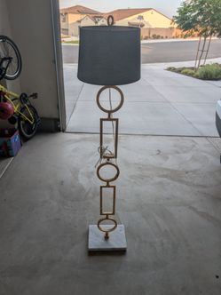 Modern Gold Geometric Floor Lamp w/ Marble Base & Blue Textured Shade
