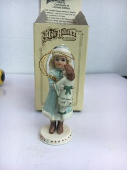 Jan Hagara Holly Christmas Ornament Girl Holding Doll w/ Card From 1987, Holiday Season Vintage Xmas Collectible Figurine