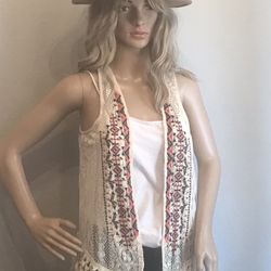 Full Tilt Embroidered Lace Vest W/Fringe Boho Cowgirl Festival S/M