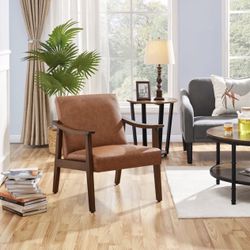 Yaheetech Modern Faux Leather Upholstered Armchair Accent Chair with Solid Wood Legs, Light Brown