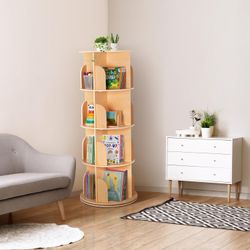 OOOK Rotating Bookshelf for Kids & Adults, Spinning Bookshelf Tower with Large Capacity for Small Space, 360° Display 4 Tier Floor Small Round Corner 