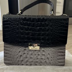 Brahmin Black and Gray Croc-Embossed Satchel