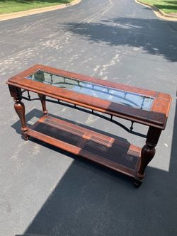 Wood and Glass Console Table with Cane Shelf 49 l 19d 30 h