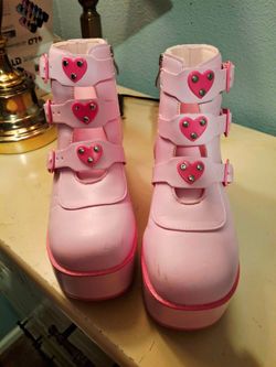 LUCKY STEP Women's Platform Chunky Ankle Boots Wedges in Pink/Fuschia with Heart Buckles, Size 9