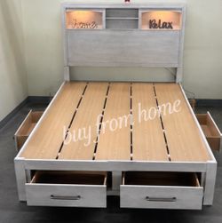 Queen size antique white bed with storage and mattress included