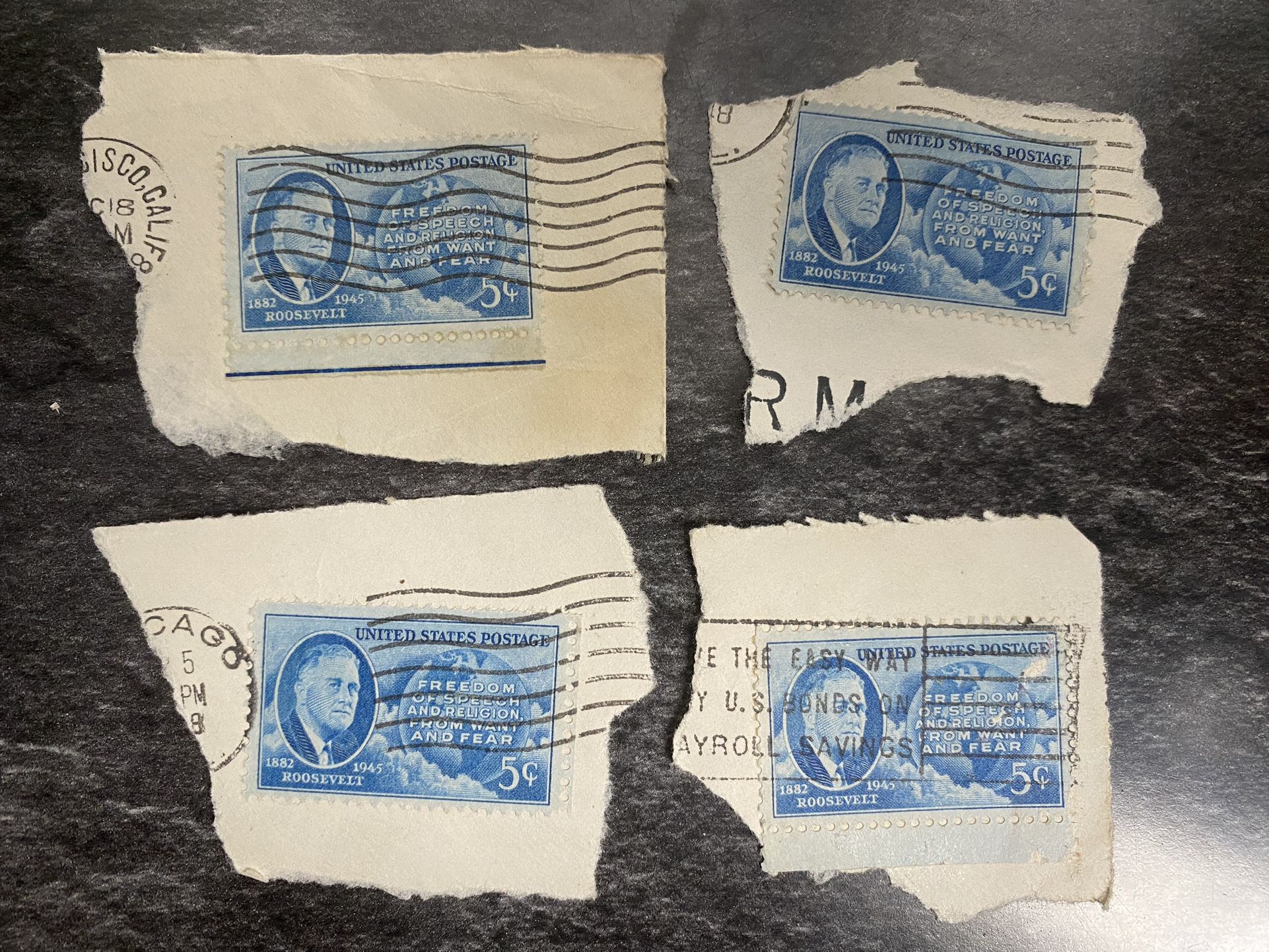 4 Antique US Postage Stamps 1946 5 Cent #933 FDR And Four Freedoms Bright Blue (Rare Collectors Item!)