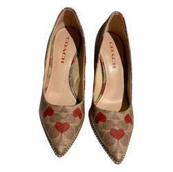 Coach Tan Signature Canvas Pumps with Red Heart Accents new 7.5