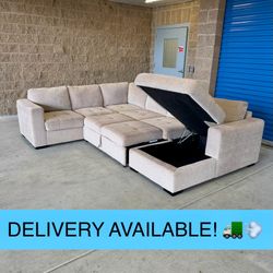 Beige Sleeper U Sectional Couch Sofa w/Storage Chaise (DELIVERY AVAILABLE! 🚛💨)