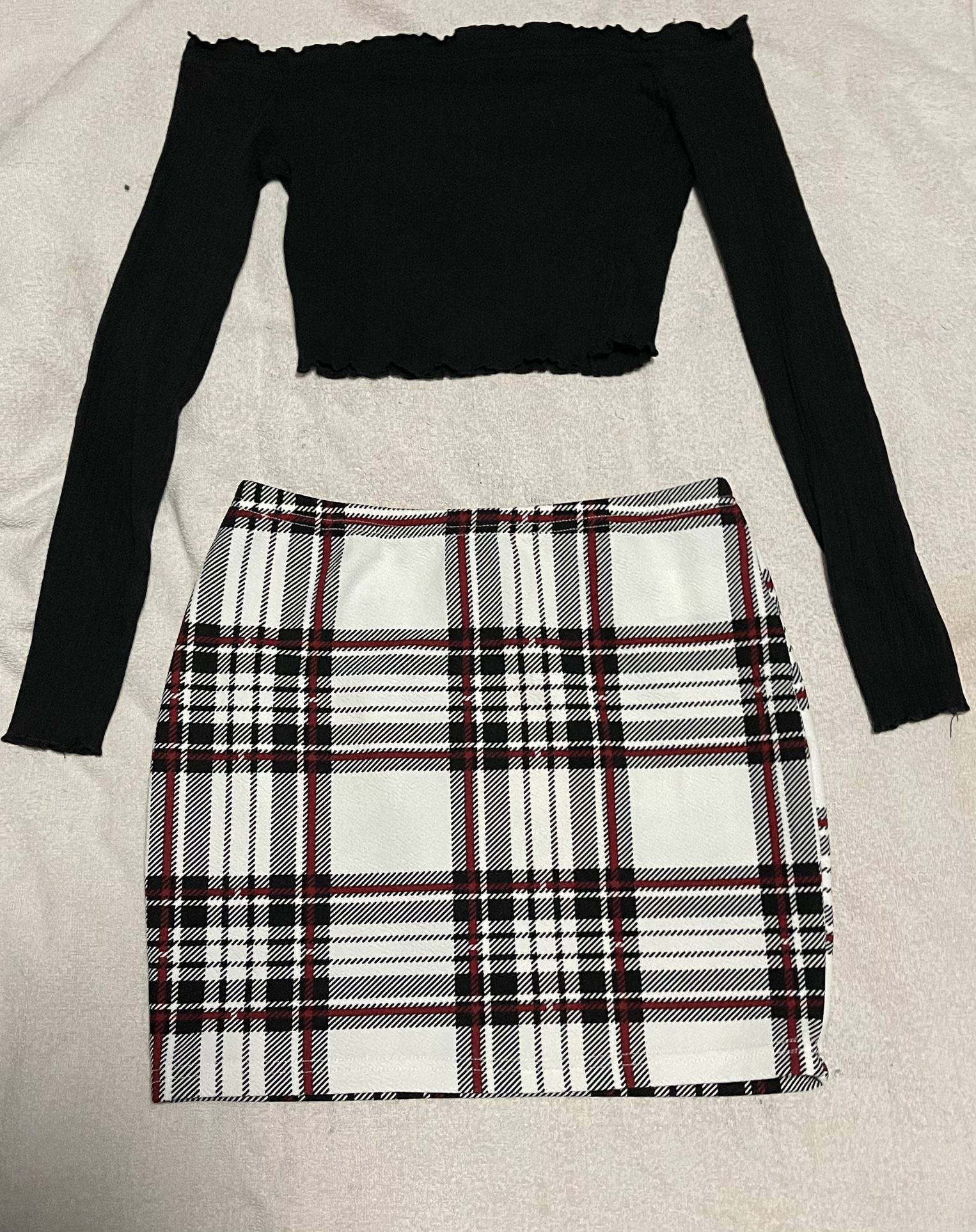 White/black/red Plaid Skirt And Off-the-shoulder Long Sleeve Crop top 