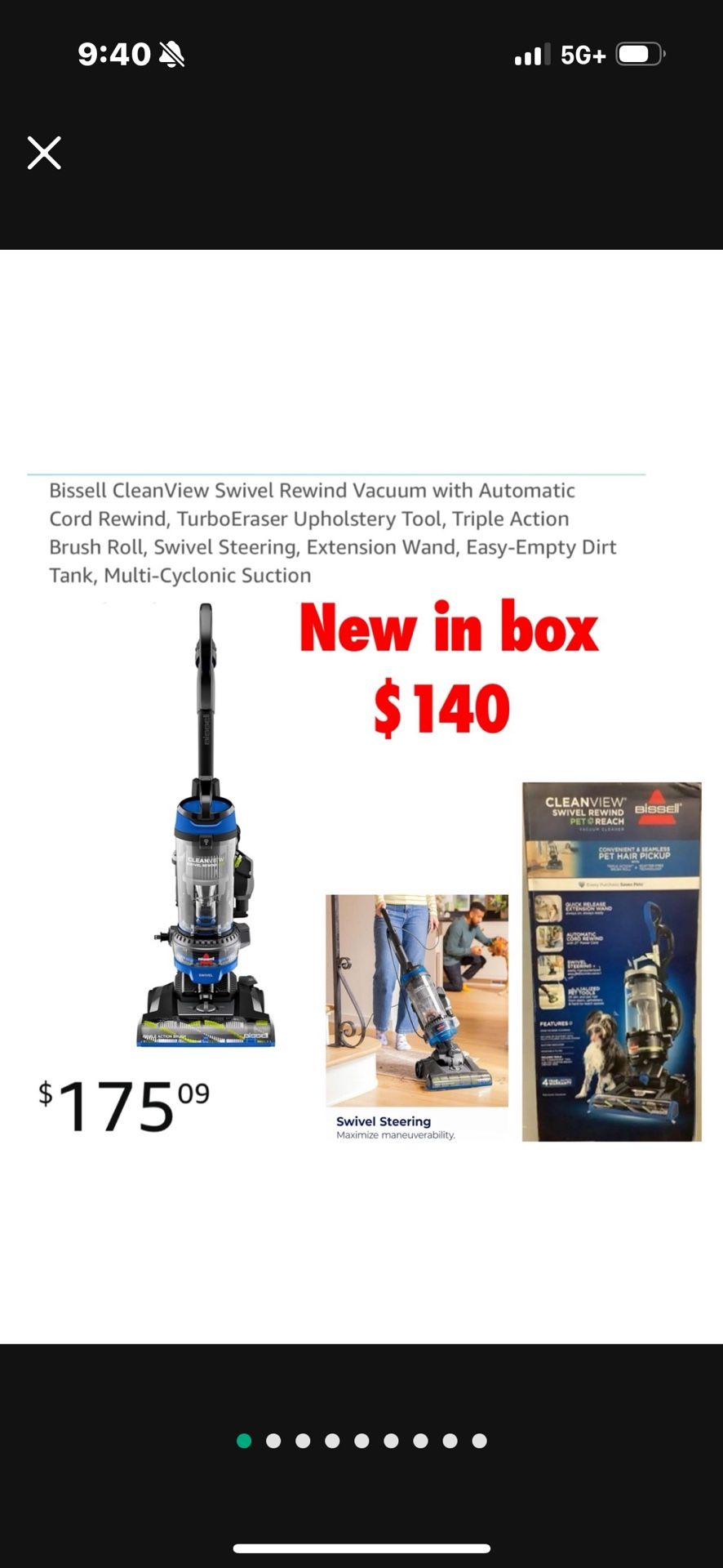 New in box Bissell CleanView Swivel Rewind Pet Reach Vacuum Cleaner, with Quick Release Wand, Swivel Steering and Automatic Cord Rewind $140 Firm no l