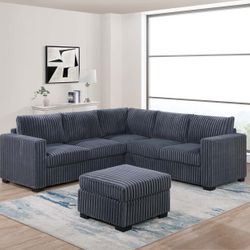 New Gray Corduroy Sectional Sofa With Ottoman - Free Delivery ✅ Modern Gray Sectional