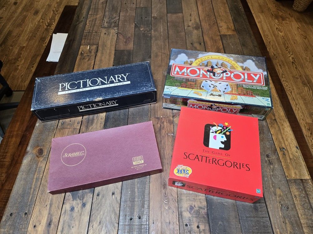 Board games lot, Monopoly, Scattegories, Dictionary, Scrabble