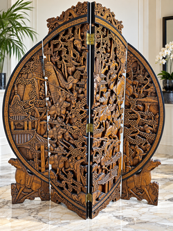 Chinese Carved Four Panel Screen with Equestrian Scenes