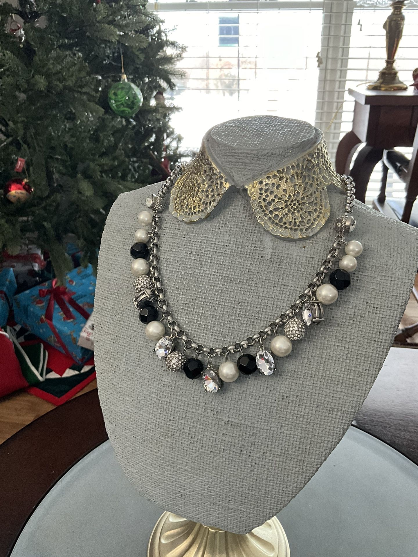 Signed Ann Taylor Silver Tone Statement Necklace Sparkle, White & Black Beads