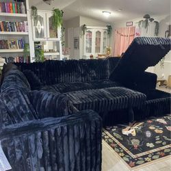 Black Fluffy Sectional Couch With Pull Out Bed And Storage 