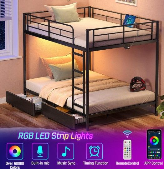 Full Over Full Metal Bunk Bed Frame w/ LED, USB Charging Station, Stor
