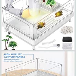 Small Turtle Tank Kit(Tank+Light+Filter), Acrylic Turtle Tank Starter Kit with Bask Platform, Bottom Drain, Multi-Function Area for Small Reptiles. (W