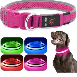LED Dog Collar, USB Rechargeable Lights Adjustable Comfortable Soft Mesh Safety Collar for Small Medium Large Dogs (M, Pink