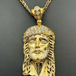10k two tone gold CZ Stone Jesus Head Pendant Charm