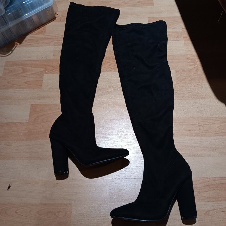 Suade Black Thigh High Heels