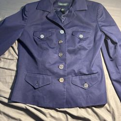 Vintage Lauren Ralph Lauren Women's Cotton/Silk Blazer Jacket in Navy Blue, Size 4