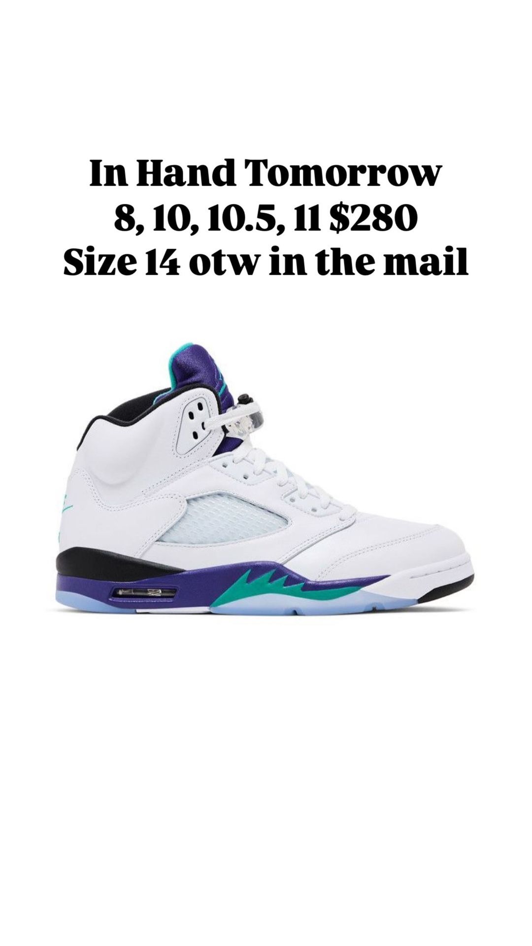 Jordan 5 Grape Mens Sizes 8, 10, 10.5, 11 and 14 $280