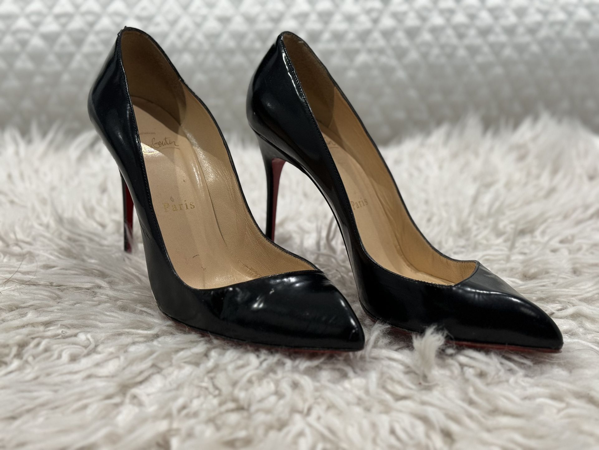 Louboutin Corneille 100 MM Heel in Black Patent Leather - Red Bottoms