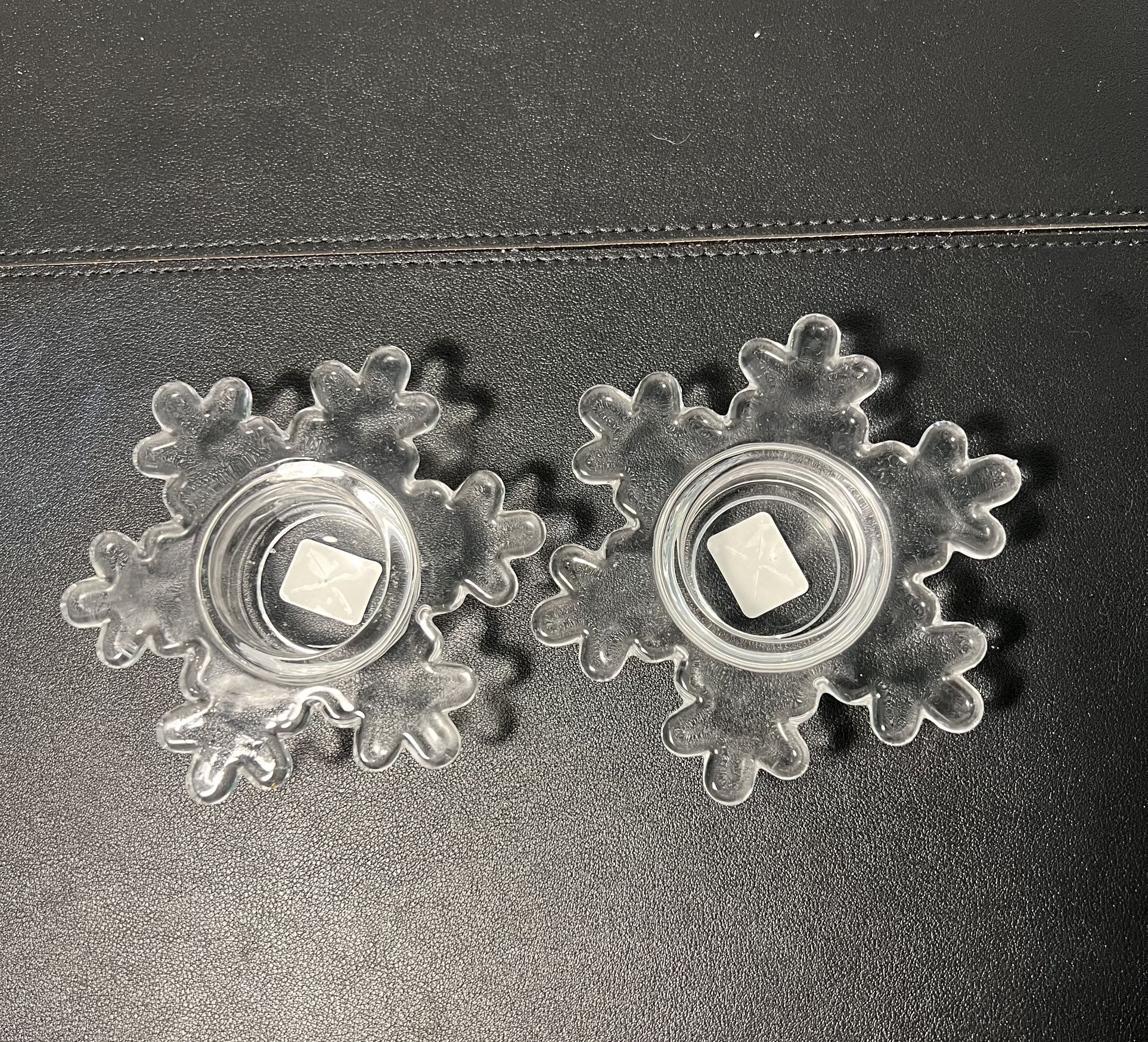 Crate & Barrel 2 Snowflake Winter Glass Votive Tea Light Holders