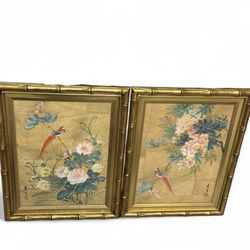 1960s Original FABULOUS Watercolor Painting Cork Paper Bird & Flowers