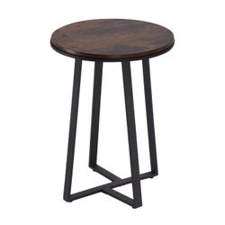 Side Table, Round End Table Vintage Brown Color MDF Top, Modern Coffee End Table for Living Room, Bedroom, Nightstand with Black Steel Frame for Small