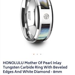 HONOLULU Mother Of Pearl Inlay Tungsten Carbide Ring With Beveled Edges And White Diamond 