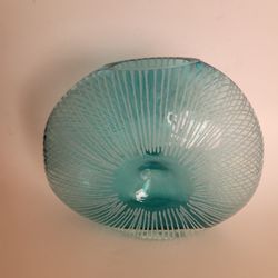 Vintage 1970s Swedish Blown Art Glass Vase Teal & Acid-Etched White 
Lines. Pre-owned, perfect shape, no chips or cracks. It is 10" wide, 
approximate