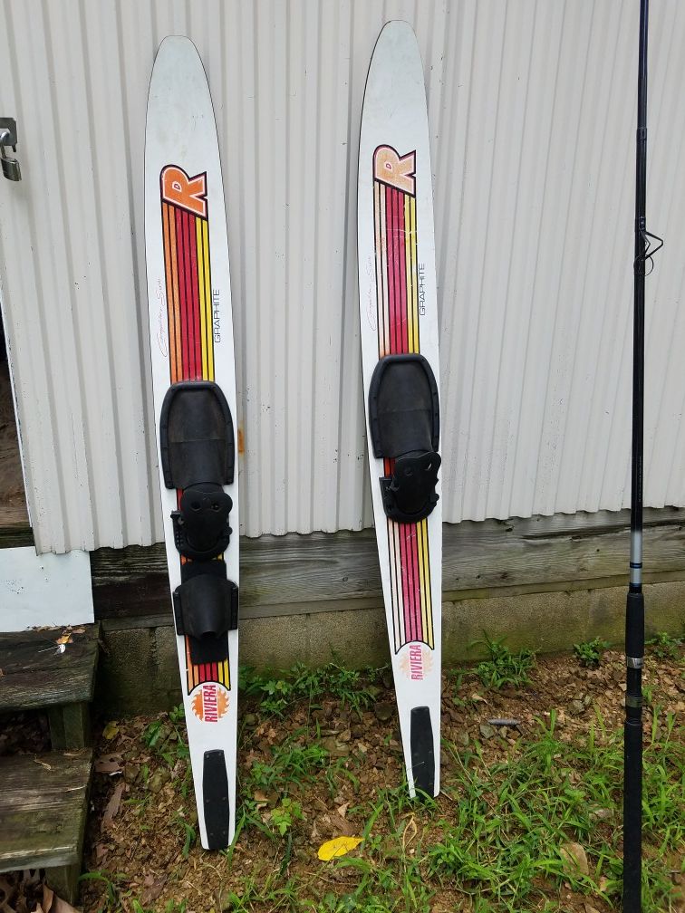 Pair of graphite Rivera Solomon water skis