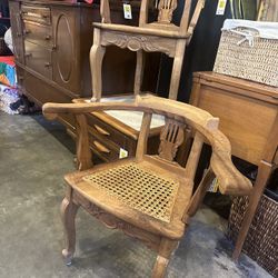 SET 2PC Tan Cane Woven Seat Wood Carved Armchairs (SKU F71XE7)