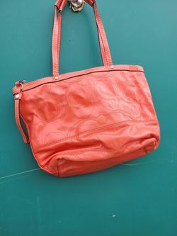 Used Coach Tangerine Stitched Patent Leather Tote Shoulder Bag F15142 &K6I