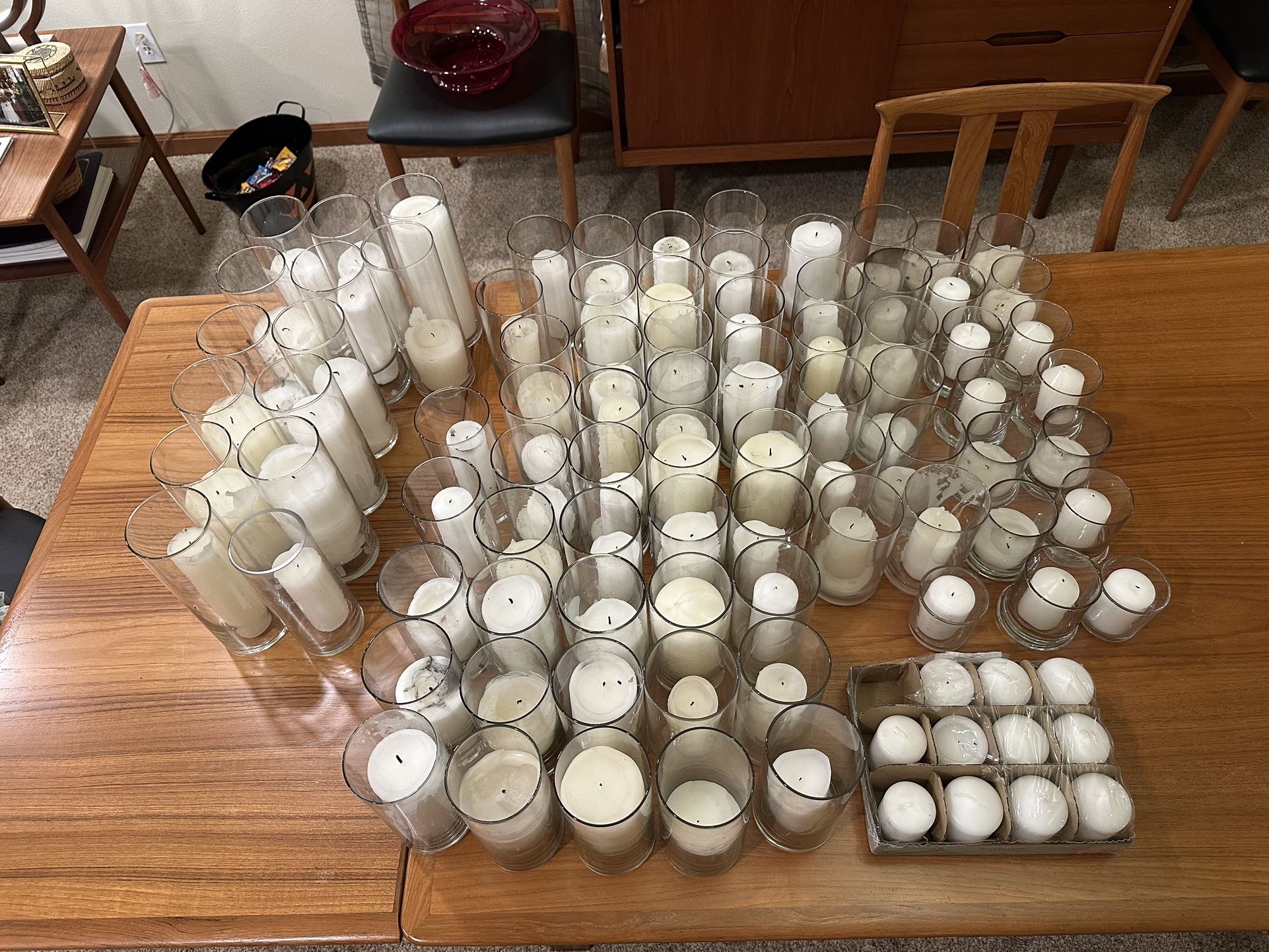 Lot of Glass Cylinder Hurricane Holders With Candles