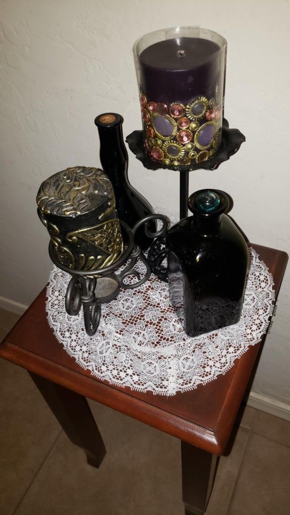 X6 VINTAGE ORNATE IRON METAL GOLD BLACK VICTORIAN GOTH FLORAL FLOWER PETAL BEAD CANDLE HOLDER DISPLAY PARTY LITE PARTYLITE ANTIQUE BOTTLE DECOR