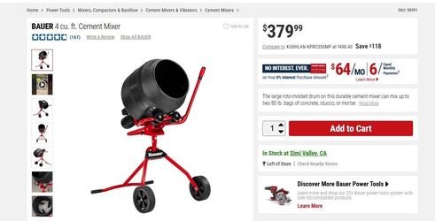 BAUER 4 CU.FT CEMENT MIXER * (local pickup)