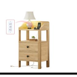 Nightstand 15.75-inch Compact Night Stand White with USB and Type-c Ports 2 Drawers and Open Shelves Small Bedside Tables