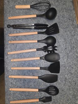 Kitchen Utensil Set Wood Handles Black Nylon Heads – ~11 pc