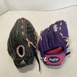 Two Girls Baseball Gloves Rawlings 10 Inch Adidas 10.5”