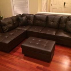 New Sectional Sofa Chocolate Brown Leather Couch Include Free Ottoman And Pillows  