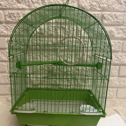 Sturdy green bird cage with heart design. 3 gates and food trays