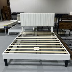 M-Queen Bed Frame, Velvet Upholstered Platform Bed with Adjustable Vertical Channel Tufted Headboard, Mattress Foundation with Strong Wooden Slats, Bo