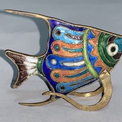 Vintage CLOISONNE Brass Enamel Painted Tropical Fish Statue Figurine Decoration