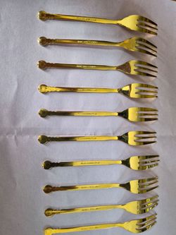 Vintage Japanese Gold-Tone & Red Cocktail Forks - Set of 10