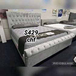 LIGHT GRAY Velvet Rolled Top Tufted Platform Bed - FULL